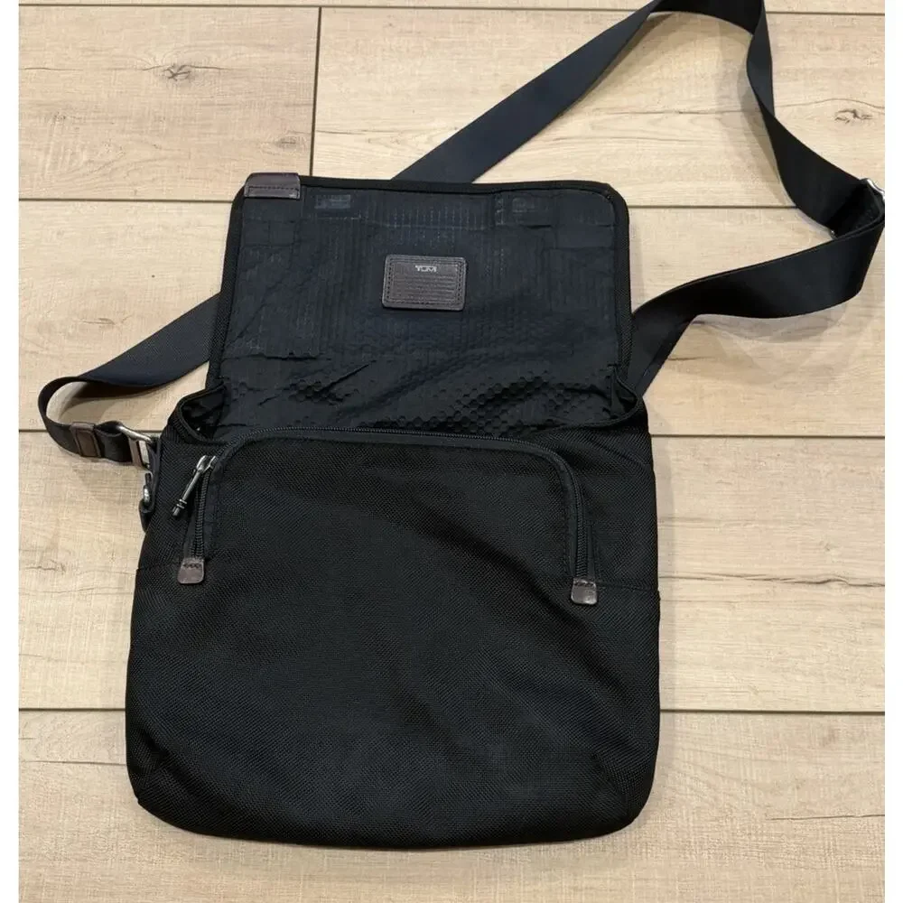 TUMI Alpha Ballistic Nylon Messenger Crossbody Laptop Bag Black Brown Leather